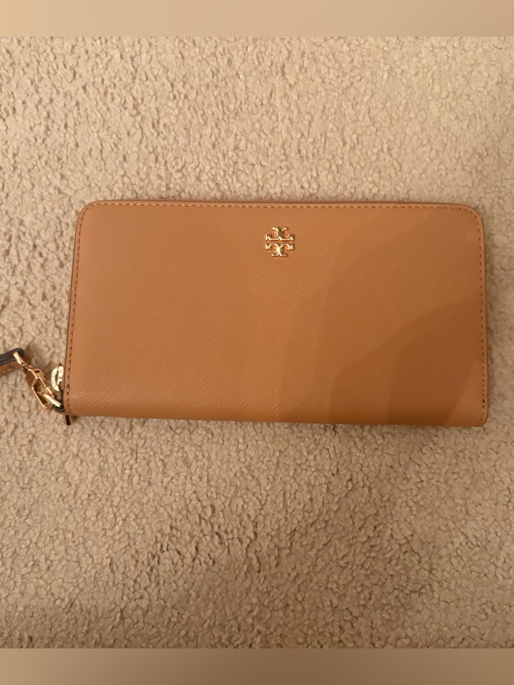 Tory Burch Camel Leather Zip-Around Wristlet with Gold Logo